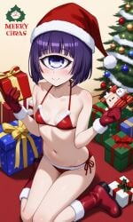 ai_generated christmas christmas_lingerie christmas_tree cyclops manako monster_musume_no_iru_nichijou mostly_nude navel one_eye purple_eye purple_hair red_boots red_gloves santa_hat