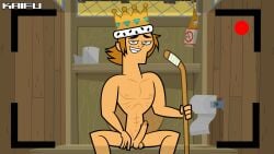 being_recorded blonde_hair crown erection green_eyes hockey_stick kaifu large_penis male male_only muscular_male naked_male on_camera sitting smiling_at_viewer total_drama_island total_drama_island_(2023) wayne_(tdi)