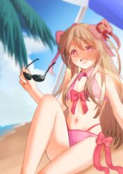 beach bikini blonde_hair chaos_marie_(grimms_notes) glasses grimms_notes hizikata398 long_hair pink_eyes sitting tagme