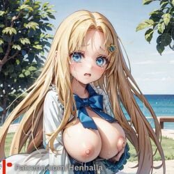 ai_generated big_breasts blue_eyes breasts crying dress filo gold_hair henhalla shy young younger_female