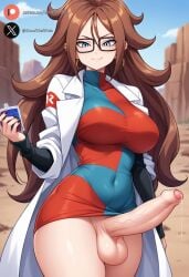 1futa ai_generated android_21 balls big_breasts big_penis blue_eyes blush brown_hair clothing cock dickgirl dragon_ball dragon_ball_z erection foreskin futa_only futanari glasses huge_cock large_breasts light-skinned_futanari light_skin long_hair looking_at_viewer outdoors penis precum roxygtf smug solo standing