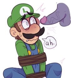 2boys arms_tied balls blue_overalls brown_hair clothing dialogue erection facial_hair faggotrat floating_penis gay green_hat green_shirt hat looking_at_penis luigi male male_only mario_(series) moustache nintendo overalls penis purple_skin rope rope_bondage scared shirt sweat sweating transparent_background veiny_penis