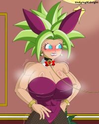 alternate_version_available angry big_breasts bondage bunny_ears bunny_girl bunnysuit chains dragon_ball dragon_ball_super fusion gold_(metal) huge_breasts kefla leash lipstick midnightundying_(artist) muscular potara_earrings submissive_female super_saiyan super_saiyan_2 sweat sweatdrop sweating