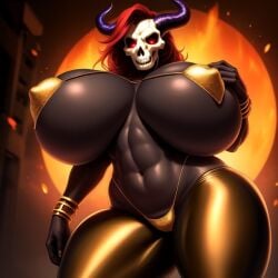 big_breasts curvaceous curvaceous_figure demon demon_girl gold_bikini gold_jewelry huge_breasts large_breasts looking_at_viewer menacing micro_bikini red_eyes red_hair skull_head