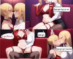 2girls ai_generated blonde_hair bra cheek_bulge choker comic dialogue fingering french_kiss incest jacket kissing legs_apart multiple_views novelai panties pantyhose pencil_skirt ponytail saliva_trail speech_bubble thigh_strap twin_sisters twincest white_shirt yuri