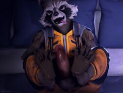 2017 3d 4:3 anthro averyhyena balls claws clothed clothing erection fangs feet guardians_of_the_galaxy hi_res lying male male_only mammal marvel on_back paws penis penis_through_fly poking_out presenting raccoon rocket_raccoon solo source_filmmaker tongue video_games