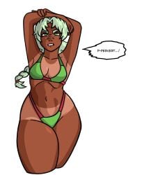 angry angry_face big_ass big_thighs bra braid braided_hair braided_ponytail char dark-skinned_female green_eyes green_hair looking_at_viewer original_character scar_on_face silver_hair skimpy_bikini small_breasts solo_female tan_skin tanline tanned tanned_female the_doigster tsundere wide_hips