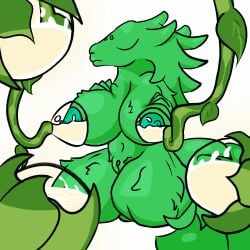 1:1 anthro areola bodily_fluids breast_grab breast_milking breasts closed_eyes female fur genitals green_body green_fur hand_on_breast hi_res iloveslutyshortstax kneeling lactating leaf long_snout milk milk_container milk_stream milking_tentacles nipples plant pussy rain_world saint_(rain_world) simple_background slugcat snout tentacle videocult white_background