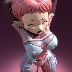 aelita_schaeffer ai_generated allmightyeagle_(ame) arms_behind_head bodysuit code_lyoko elf_ears freckles glowing_eyes light-skinned_female light_skin nipples_visible_through_clothing pink_bodysuit pink_eyes pink_hair pointy_ears pussy_juice pussy_juice_drip saliva saliva_drip saliva_string saliva_trail stable_diffusion standing sweat sweaty_body wet