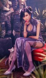 3d 3d_(artwork) artist_name black_hair boob_window bracelet bun_hair chinese_clothes chinese_dress feline final_fantasy final_fantasy_vii final_fantasy_vii_remake fishnet_legwear fishnet_stockings fishnets fit_female high_heels highres lace lace-trimmed_legwear long_hair long_skirt looking_at_viewer posing_for_the_viewer purple_dress red_eyes revealing_clothes shinra_guard sitting sreliata_(artist) tifa_lockhart toned white_cat white_high_heels