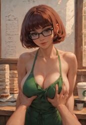 1boy 1girls ai_generated apron apron_only barista beckoning biceps bob_cut boob_grab breast_grab breasts brown_eyes brown_hair cafe cleavage collarbone female full_lips glasses hanna-barbera heroineshowcase i_mean_breast_milk large_breasts looking_at_viewer male male_pov molestation naked_apron pov_hands pretty_face public_exposure public_nudity scooby-doo sole_female starbucks starbucks_barista toned_arms toned_female velma_dinkley