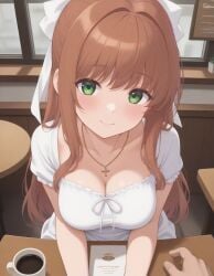 ai_generated cleavage date ginger green_eyes light-skinned_female monika_(doki_doki_literature_club) white_dress wholesome