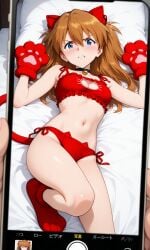 ai_generated angry angry_expression angry_face asuka_langley_sohryu bed bell_choker blue_eyes blush blushing_at_viewer blushing_female breast_cutout brown_hair cat_cutout cat_ears cat_ears_hairband cat_lingerie cat_panties cat_tail cellphone cellphone_camera cellphone_picture cleavage cleavage_cutout cleavage_window embarrassed embarrassed_female female frilled_tube_top frills german_female guarded_pose hairclips hands_up high_ponytail japanese_female knee_bent laying_down laying_on_back laying_on_bed leg_up light-skinned_female light_skin long_hair looking_at_viewer navel neon_genesis_evangelion open_mouth panties paw_gloves paw_shoes pov pov_cellphone red_clothing red_underwear shiny shiny_hair shiny_skin shoulder_straps side_tie_panties sweat sweatdrop tail_plug teeth_showing tied_hair tubetop tubetop_cutout twintails underwear white_pillow white_sheets