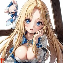 ai_generated big_breasts blue_eyes breasts crying dress filo gold_hair henhalla shy young younger_female