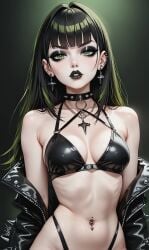 ai_generated bangs black_eyeshadow black_hair black_lipstick choker ear_piercing goth goth_girl gothic_girl green_eyes hair_dye leather_bikini leather_jacket looking_at_viewer medium_breasts piercing piercings seductive seductive_eyes seductive_look sexy_pose