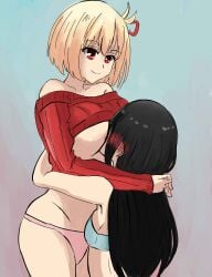 2girls absurd_res absurd_resolution absurdres bangs bare_shoulders big_breasts black_hair blonde_hair blush bow bra breasts curvaceous curvy curvy_female curvy_figure embrace embracing face_in_breasts female female/female female_focus female_only hair_bow hairbow hi_res high_resolution highres hugging inoue_takina large_breasts light-skinned_female light_skin long_hair lycoris_recoil mai_arts medium_hair nishikigi_chisato panties red_eyes shirt shirt_lift shirt_up simple_background smile smiling sweater sweater_lift sweater_up tagme thick_thighs thighs underboob voluptuous voluptuous_female wholesome yuri