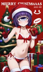 1_eye ai_generated christmas christmas_lingerie christmas_tree cyclops manako monster_musume_no_iru_nichijou mostly_nude navel purple_eye purple_hair red_boots red_gloves santa_hat