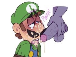 2boys after_sex balls blue_eyes blue_overalls brown_hair clothing cum cum_on_face ejaculation facial_hair faggotrat floating_hand floating_penis gay gay_shit green_hat green_shirt hat luigi male male_only mario_(series) moustache nintendo open_mouth overalls penis purple_skin rope rope_bondage shirt sweat sweating veiny_penis white_background