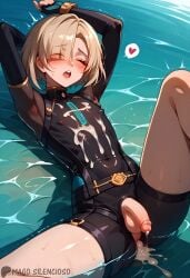 after_anal ai_generated cum_in_ass cum_on_clothes femboy flaccid_penis floating_heart freminet_(genshin_impact) genshin_impact leaking_precum magosilencioso male male_focus male_only moaning neoprene on_water otoko_no_ko semen_overflow sissy trap