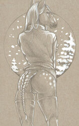 2015 anthro ass biped cadmiumtea clothed clothing equine female fur hair horse legwear long_hair long_tail looking_at_viewer looking_back mammal monochrome pencil_(artwork) portrait pussy rear_view samantha_(rannik-starkiller) sepia snout snow snowing solo spots spotted_fur standing stockings sweater thigh_highs three-quarter_portrait traditional_media_(artwork) tree