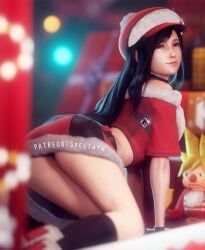 3d 3d_(artwork) artist_name ass_focus black_hair christmas christmas_outfit final_fantasy final_fantasy_vii final_fantasy_vii_remake fit_female gift gift_box hat highres long_hair looking_at_viewer posing_for_the_viewer puppet red_eyes short_skirt socks sreliata_(artist) tifa_lockhart toned