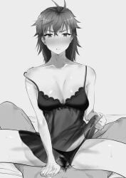 1boy absurdres antenna_hair babydoll blush breasts cleavage clothing_aside collarbone commentary_request etou_minato female female_pubic_hair greyscale grin hair_between_eyes hair_down highres large_breasts looking_at_viewer medium_hair monochrome navel panties panties_aside pov pov_crotch pubic_hair see-through_clothes sex sitting smile spaghetti_strap spread_legs straight sweat toji_no_miko underwear v-shaped_eyebrows vaginal_penetration yamamoto_kichiko