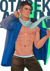 abs black_eyes black_hair black_pants blue_coat happy_trail male male_only maorenc open_coat otabek_altin scarf solo solo_male tan_skin underwear_band yuri!!!_on_ice