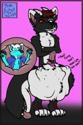 2017 2:3 accessory acewolfy1996 anthro balls big_balls bottomless canid canine canis clothed clothing cock_vore crossed_arms dialogue duo dustin_(dws1801youtubes) english_text facial_piercing footprint furry_balls genitals hi_res hybrid internal male male_pred male_prey mammal monster_tail nose_piercing nose_ring pawprint penile penis penis_accessory piercing ring_piercing shirt shirt_only squirming text topwear topwear_only valku_(rickdawg2698) vore watermark wolf