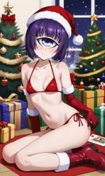 1_eye ai_generated christmas christmas_lingerie christmas_tree cyclops happy joyboy56 manako monster_musume_no_iru_nichijou mostly_nude navel purple_eye purple_hair red_boots red_gloves santa_hat