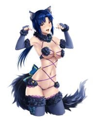 1girl absurdres adapted_costume alternate_color animal_ears axia-chan black_tail blue_gloves blue_thighhighs blush bow breasts cat_ears cat_tail ciel_(tsukihime) commentary cosplay cropped_legs cross elbow_gloves elesia_(tsukihime) english_commentary fangs fate/grand_order fate_(series) feather_boa fingerless_gloves fingernails fur_trim gloves halloween highres kemonomimi_mode long_hair low_ponytail mash_kyrielight mash_kyrielight_(dangerous_beast) mash_kyrielight_(dangerous_beast)_(cosplay) medium_breasts michael_roa_valdamjong navel paw_pose photoshop_(medium) ponytail possessed possession red_eyes revealing_clothes roa-ciel sharp_fingernails simple_background slit_pupils solo tail thighhighs tsukihime type-moon underboob white_background