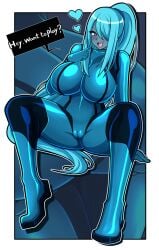 1girls alien aqua_hair ass blue_eyes blush bodysuit breasts cameltoe dark_samus female grey_skin hair_over_one_eye heart humanized impossible_bodysuit impossible_clothes iriomote_umineko large_breasts long_hair metroid nintendo pointing sitting skin_tight smile solo spread_legs very_long_hair white_borders zero_suit