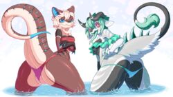 2017 adzuki_(seel_kaiser) anthro ass bare_shoulders big_butt bikini biped black_body blonde_hair blue_eyes blue_markings breasts brown_body butt_pose claws clothed clothing crossed_arms digital_media_(artwork) dipstick_tail duo female forked_tongue fully_clothed fur fur_tuft green_bottomwear green_hair green_tongue green_topwear grey_body grey_fur hair hi_res horn leaning leaning_forward lizard long_tongue looking_at_viewer looking_back markings mint_(pata) mint_choco multicolored_body multicolored_fur multicolored_tail open_mouth partially_submerged pata pussy pussy_floss raised_tail rear_view red_bottomwear red_eyes red_topwear reptile scalie shaded skimpy smile spines striped_body stripes swimsuit tan_body tan_hair thick_thighs tongue tongue_out tuft under_boob unknown_species water white_body white_fur white_pupils