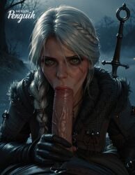 ai_generated blowjob braid cd_projekt_red ciri collar fellatio female light-skinned_female light-skinned_male looking_at_viewer male mascara night oral_sex penguih penis penis_grab scar sucking_penis the_witcher_(series) the_witcher_4 white_hair witcher_medallion yellow_eyes