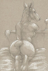 2015 anthro ass bed biped breasts brown_background cadmiumtea cervine discarded_clothing elk female kneeling looking_at_viewer looking_back mammal monochrome nude on_bed pencil_(artwork) pinup pose pussy rear_view sepia short_tail sideboob simple_background small_tail snout solo traditional_media_(artwork)