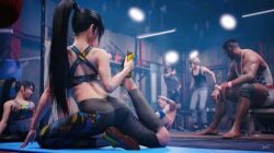 1girls 3d 3d_(artwork) 4boys artist_name black_hair bubble_butt cloud_strife crop_top final_fantasy final_fantasy_vii final_fantasy_vii_remake fit_female gym gym_clothes gym_uniform highres leggings long_hair midriff ponytail red_eyes round_ass sneakers sreliata_(artist) stretching tifa_lockhart tight_clothing tight_fit toned working_out workout