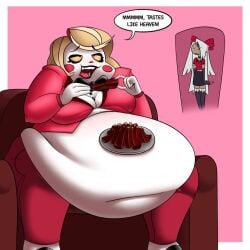 2girls anthro charlie_morningstar_(hazbin_hotel) deep_navel eating fat_fetish female hazbin_hotel huge_belly looking_pleasured obese obese_female overweight ribs shocked_expression speech_bubble stuffing tagme tagme_(artist) talking vaggie_(hazbin_hotel) wardrobe_malfunction