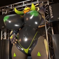 1:1 3d 3d_(artwork) awkward belly big_breasts bikini blender_(artwork) blizzard_entertainment breasts cleavage clothed clothing digital_media_(artwork) embarrassed female genitals hi_res horn huge_breasts koofey machine nipples omnic orisa overwatch pussy robot solo speaker stage swimwear taur thong two-piece_swimsuit underwear watermark