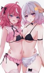 2girls ahoge annytf bikini boobs_pressed camila_(vtuber) girl indie_virtual_youtuber marking_below_eyes matching_outfit matching_outfits pink_eyes pink_hair purple_eyes two_girls virtual_youtuber white_hair zxcsque