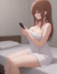 after_shower ai_generated ginger green_eyes large_breasts light-skinned_female monika_(doki_doki_literature_club) phone towel_only