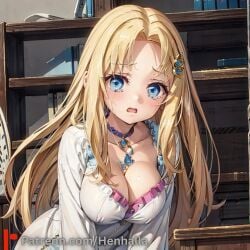 ai_generated big_breasts blue_eyes breasts crying dress filo gold_hair henhalla shy young younger_female