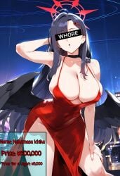 1girls ai_generated alternate_costume big_breasts black_hair breasts dress female female_focus female_only grey_eyes huge_breasts ichika_(blue_archive) large_breasts one_eye_closed thick_thighs thighs wings