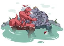 abs anthro balls biceps big_muscles big_penis blue_eyes cum dragon duo erection hair handjob hot_spring humanoid_penis machoke maldu male male_only muscular muscular_male nintendo nipples nude pecs penis pokémon_(species) pokeball pokemon pokemon_(species) precum scalie sex sitting slyphin_drakil smile spread_legs spreading tattoo triceps video_games water western_dragon wet white_hair yaoi