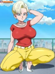 1female 1girls android_18 artist_name big_breasts blonde_hair blue_eyes cameltoe city_background deviantart deviantart_username dragon_ball dragon_ball_gt dragon_ball_super dragon_ball_z earrings foxybulma heels huge_breasts jewelry light-skinned_female light_skin looking_at_viewer milf necklace patreon patreon_username pawg posing short_hair solo solo_female squatting text thick_thighs tight_clothing tomboy toned_female voluptuous voluptuous_female wide_hips