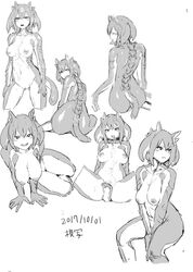 2017 ass big_breasts breasts female from_behind_(disambiguation) humanoid inverted_nipples looking_at_viewer mammal midriff monochrome nipples open_mouth pussy simple_background sketch sketch_page spread_legs spreading standing survival_yaiba survivalknife tentacle tentacle_hair wet white_background