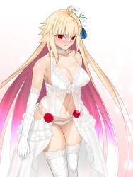 1girls ahoge archetype_earth arcueid_brunestud armpits big_breasts blonde_hair blue_notuki blush enormous_breasts fate/grand_order fate_(series) flower_in_hair flustered hair_ornament hips large_breasts lingerie long_gloves long_hair navel rose rose_(flower) shiny_hair thick thick_thighs thighhighs thighs top_heavy tsukihime tummy very_long_hair white_dress white_gloves wide_hips