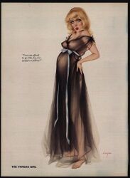 1girls alberto_vargas artist_signature belly big_belly blonde_hair blush breasts dialogue female female_only hand_on_hip lingerie nipples nipples_visible_through_clothing pinup pregnant small_breasts solo solo_female text traditional_media_(artwork) translucent_clothing