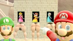 2boys 3d 3d_(artwork) 3girls anus ass blue_eyes blue_overalls brown_hair clothed_male_nude_female clothing facial_hair female gladehope gloves green_hat green_shirt hat human kabalmystic_(style) light-skinned_female light-skinned_male light_skin looking_at_viewer luigi male mammal mario mario_(series) mature mature_female mature_male meme multiple_girls nintendo nude nude_female open_mouth outdoors overalls pointing princess princess_daisy princess_peach princess_rosalina pussy red_hat red_shirt royalty short_hair soyjak_pointing_meme unseen_female_face upper_body wall wall_(structure) white_gloves