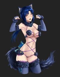 absurdres adapted_costume alternate_color animal_ears axia-chan black_tail blue_gloves blue_thighhighs blush bow breasts cat_ears cat_tail ciel_(tsukihime) commentary cosplay cropped_legs cross elbow_gloves elesia_(tsukihime) english_commentary fangs fate/grand_order fate_(series) feather_boa female fingerless_gloves fingernails fur_trim gloves halloween highres kemonomimi_mode long_hair low_ponytail mash_kyrielight mash_kyrielight_(dangerous_beast) mash_kyrielight_(dangerous_beast)_(cosplay) medium_breasts michael_roa_valdamjong navel paw_pose photoshop_(medium) ponytail possessed possession red_eyes revealing_clothes roa-ciel sharp_fingernails simple_background slit_pupils solo tail thighhighs tsukihime type-moon underboob