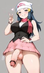 1futa ai_generated big_breasts big_penis dawn_(pokemon) flaccid futa_only futanari hanging_penis huge_breasts huge_cock pokemon smile smug tagme thedawn_hikari thick_thighs v_sign