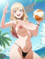 1girls ai_generated ball bare_legs bare_midriff bare_shoulders bare_thighs beach beach_ball bikini bikini_bottom bikini_bottom_only blonde_hair blue_sky breasts busty choker collar commentary curvaceous curvy curvy_female curvy_figure day dialogue ear_piercing english_text exposed_breasts female female_focus female_only fingernail fingernail_polish happy happy_female holding_object kitagawa_marin lipstick long_fingernails looking_at_another looking_at_viewer makeup midriff navel nipples ocean open_mouth palm_tree panda_ai pendant piercing pink_eyes pinup puffy_nipples sand seaside smile solo solo_focus sono_bisque_doll_wa_koi_wo_suru sunlight swept_bangs teeth teeth_showing text thighs topless topless_female two_tone_hair upper_teeth upper_teeth_only very_long_hair water watermark